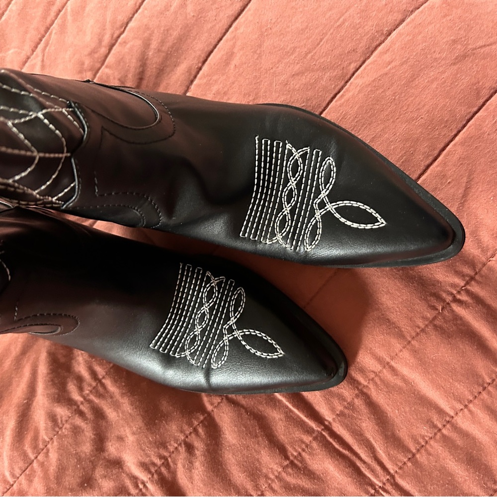 Black Embroidered Spider Web Mid-Calf Cowboy Boots - Picture 5 of 7